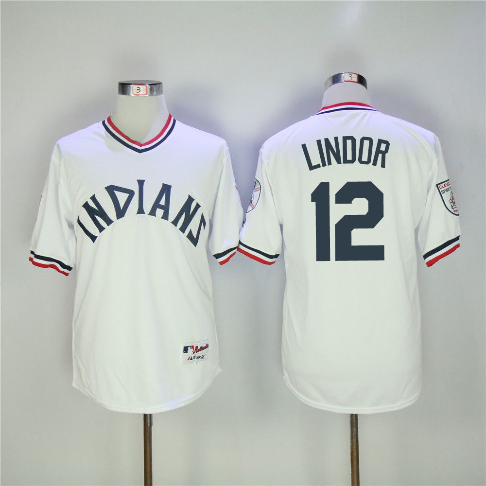 Men Cleveland Indians 12 Lindor White Throwback MLB Jerseys